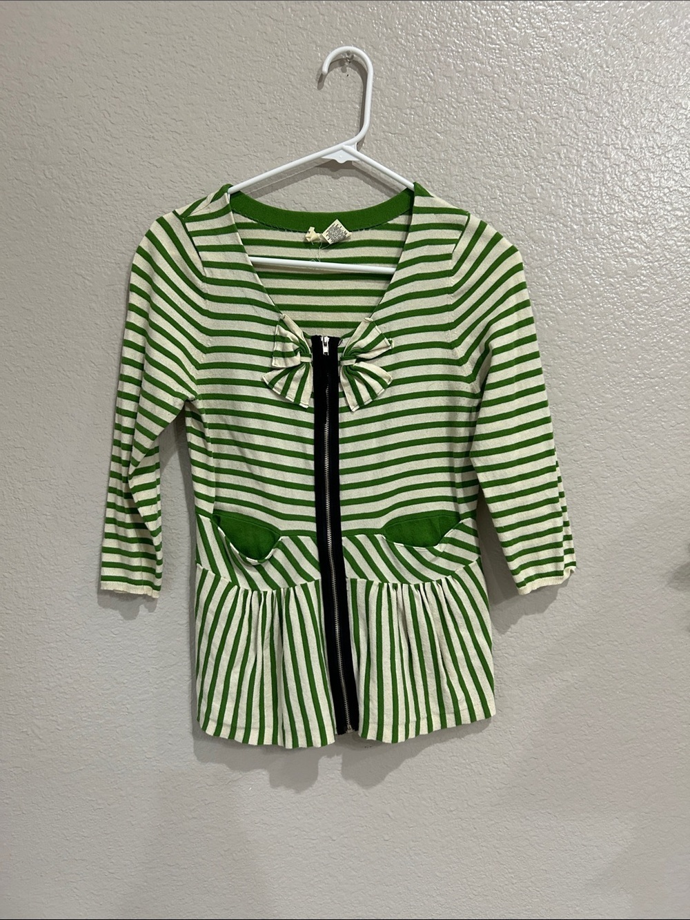 Anthroplogie Moth Green Cream Striped Zip Up Top Cotton Sz M Office TC0107